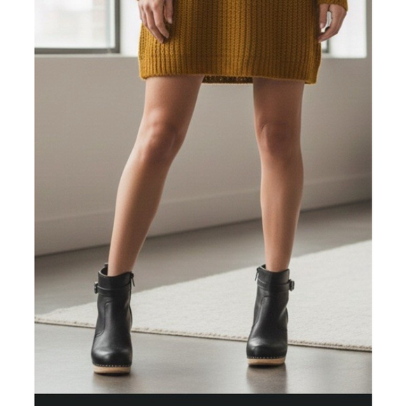 Swedish Hasbeens Jodhpur Toffel Wood Clog Black Leather Strap Boots - Picture 3 of 16